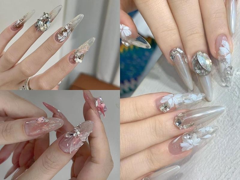 Nail tone hồng, trắng, xám đính đá và charm