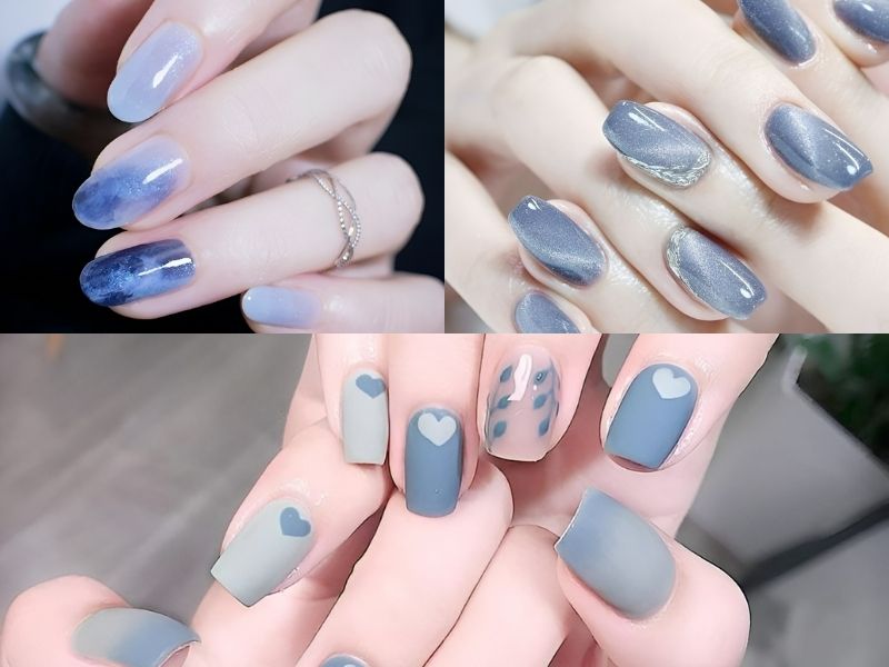 nail xanh biển vẽ hoạ tiết trái tim