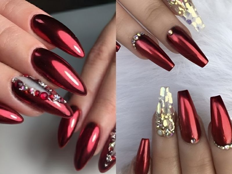 Mẫu nail màu đỏ tráng gương kết hợp đính đá