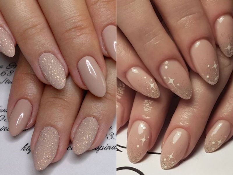 mẫu nail màu nude kim tuyến