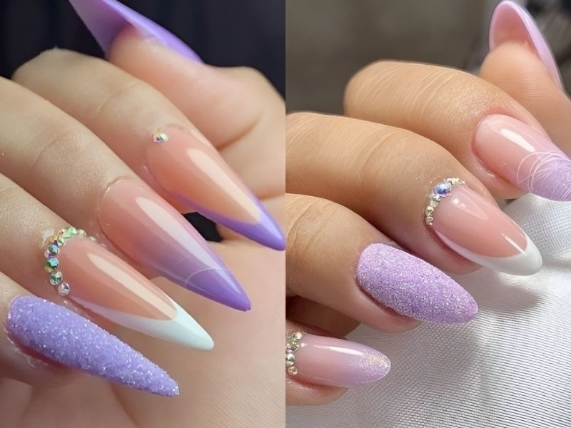 Mẫu nail tím pastel đính đá