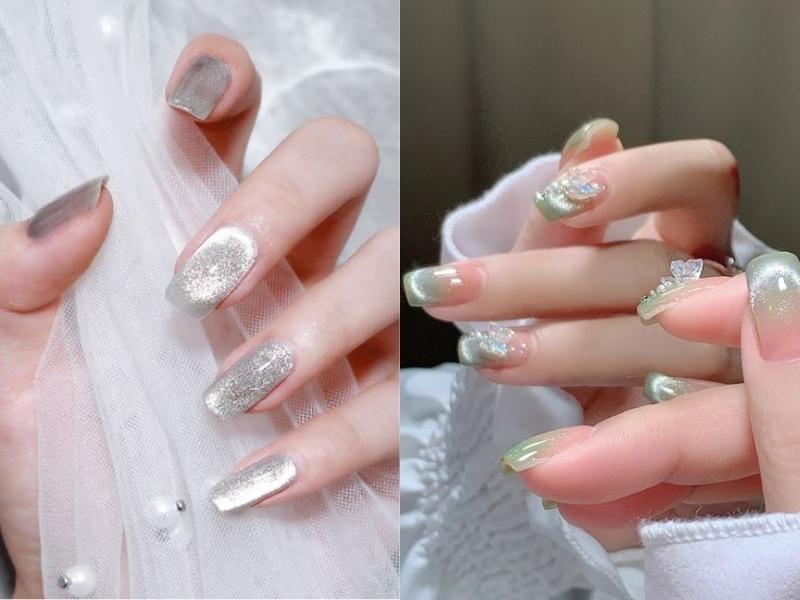 Nail mắt mèo sơn màu bạc, xanh