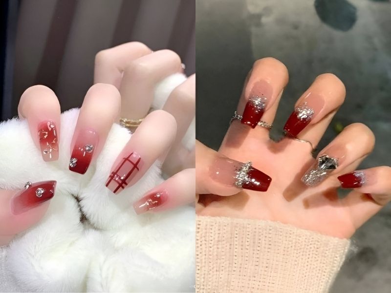 Mẫu nail đính đá màu đỏ có kẻ sọc