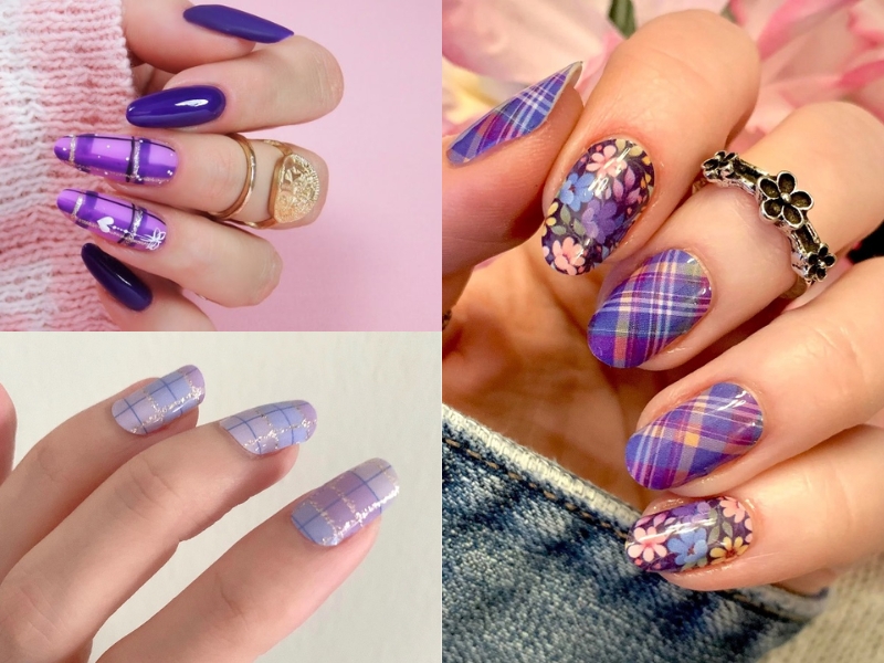 Mẫu nail caro tím họa tiết