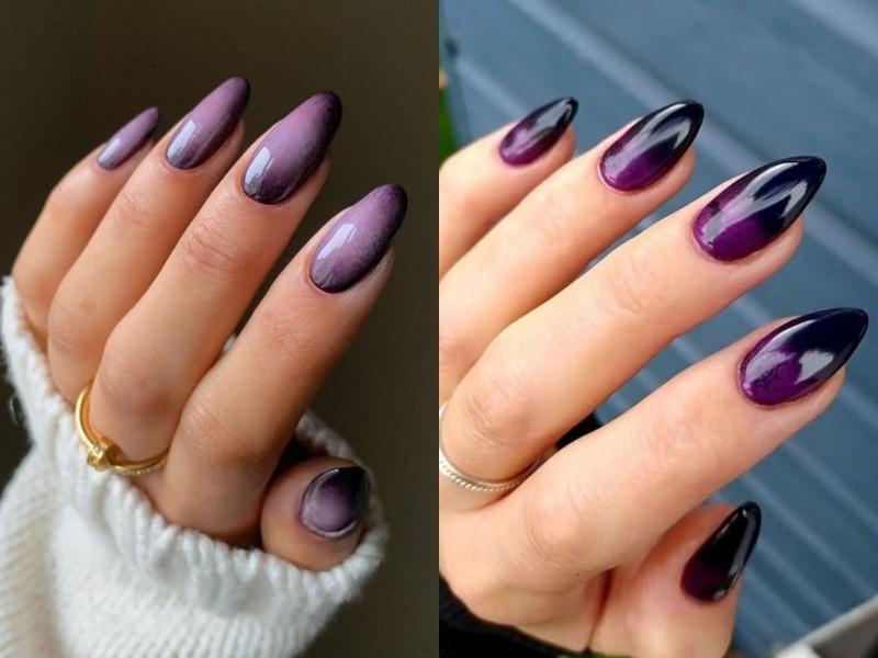 Mẫu nail mắt mèo ombre tím và đen