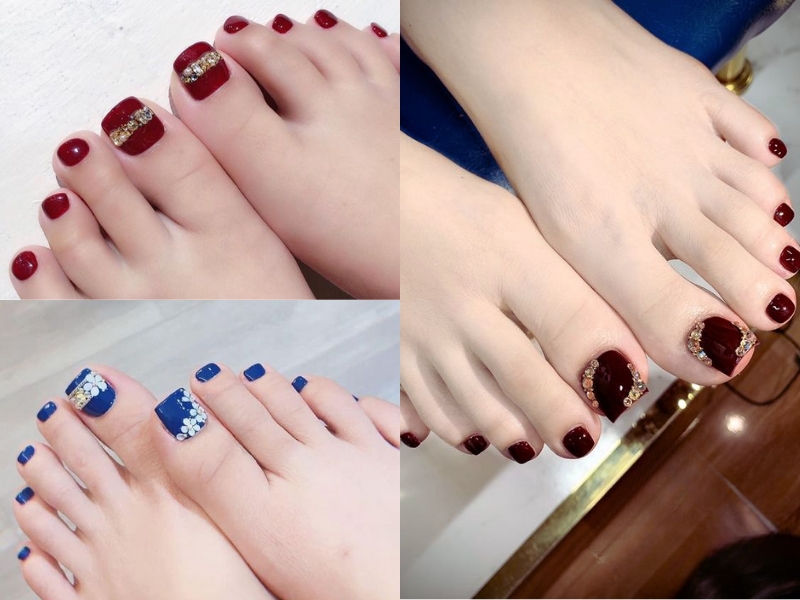 mẫu nail chân đính đá nhỏ xanh, đen, đỏ