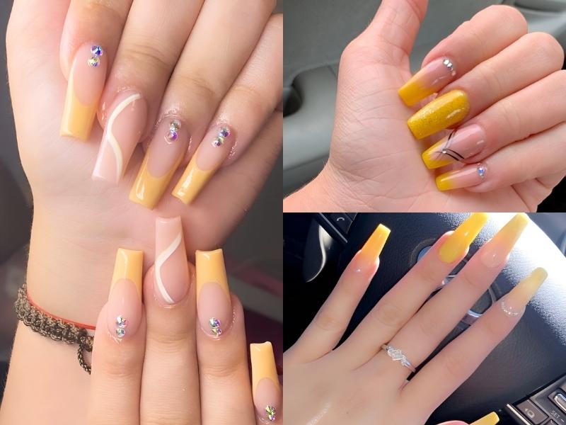 Mẫu nail móng vuông sơn gel màu vàng đính đá