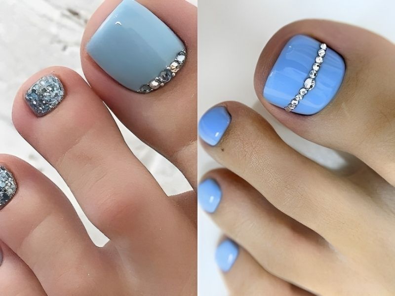 Những mẫu nail màu xanh dương nhạt đính đá