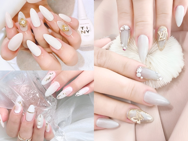 Nail cô dâu màu trắng thanh lịch. (Nguồn: $𝐹𝒶𝓈𝒽𝒾𝑜𝓃 𝐿𝑜𝓋𝑒𝓇🎀 - Pinterest)