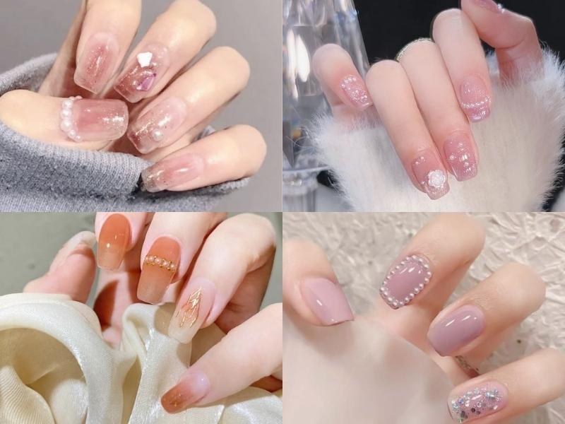 nail tay form vuông đính charm hạt ngọc