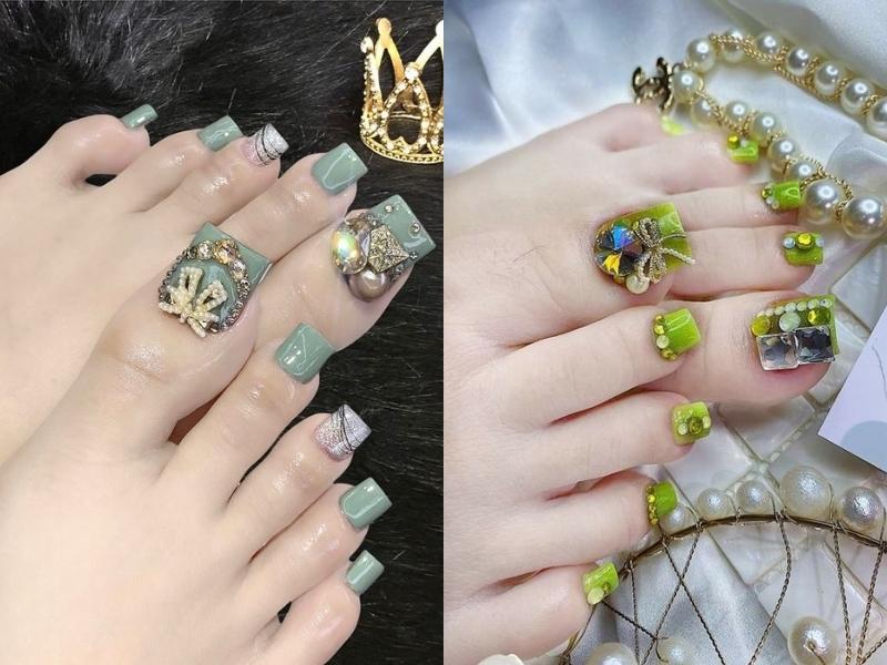 Bộ nail chân màu xanh đính hạt ngọc 