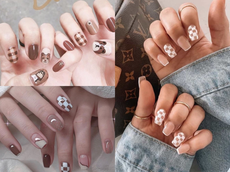 Mẫu nail caro nâu form móng ngắn