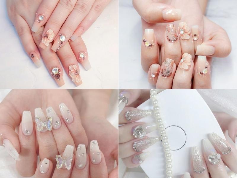 mẫu nail cô dâu hàn quốc màu trắng 