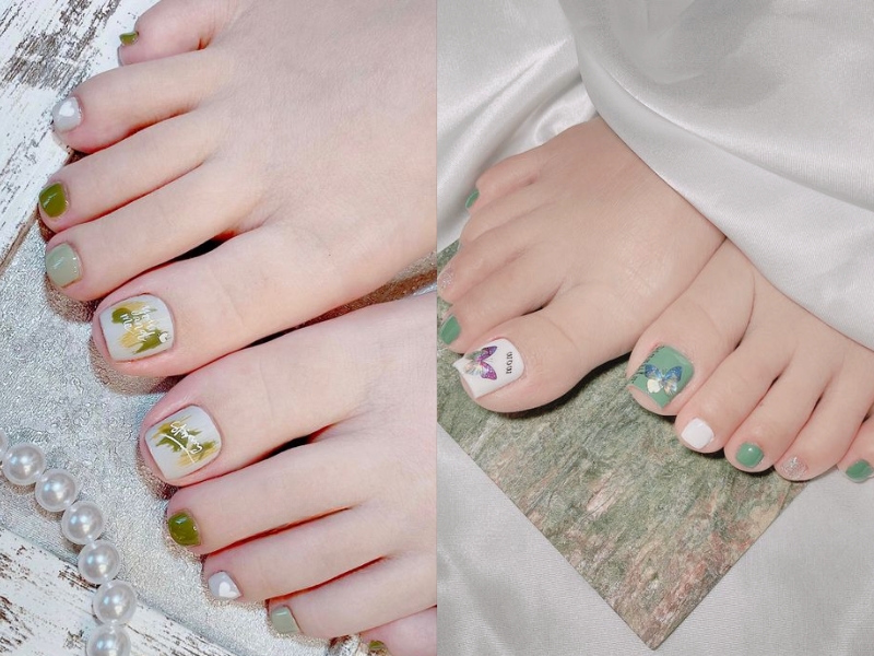 mẫu nail chân xanh họa tiết