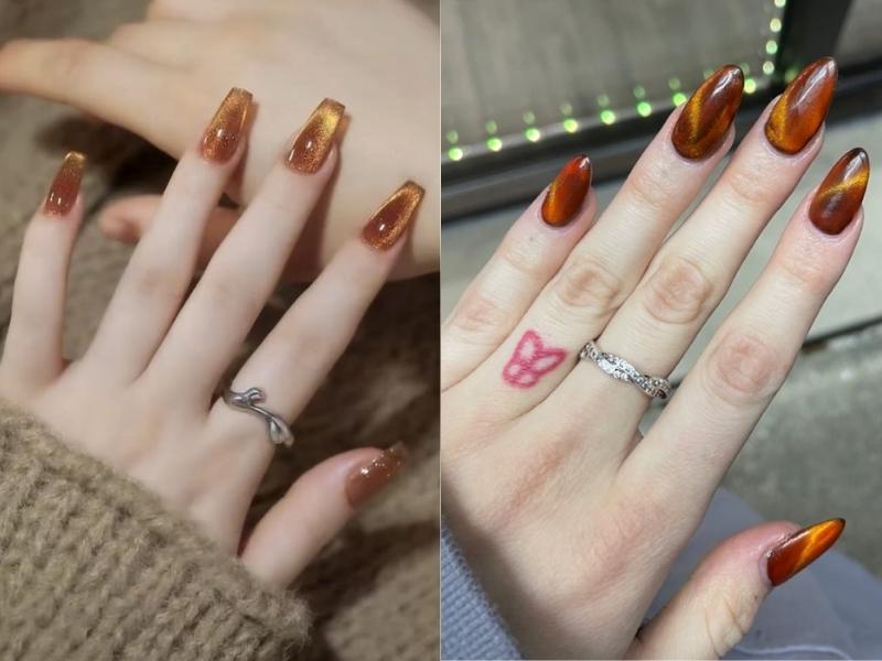 Mẫu nail mắt mèo màu nâu ánh vàng