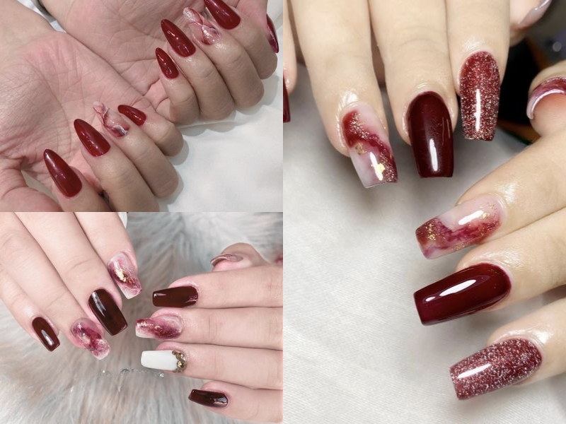 nail họa tiết vân đá đỏ rượu đính kim tuyến