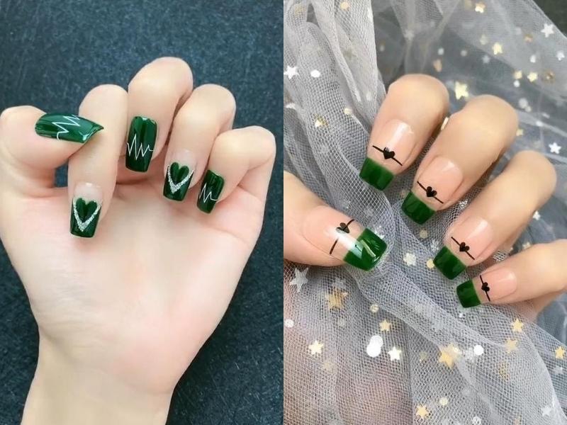 Mẫu nail màu xanh rêu đậm họa tiết