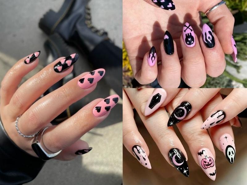 Nail màu đen hồng họa tiết dễ thương