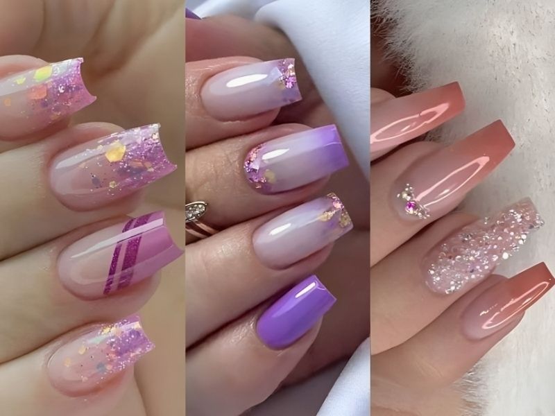 Những mẫu nail kim tuyến tone tím và hồng