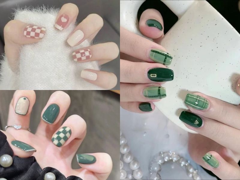 Mẫu nail vuông xinh hoa văn caro (Nguồn: Jang Are - Pinterest)