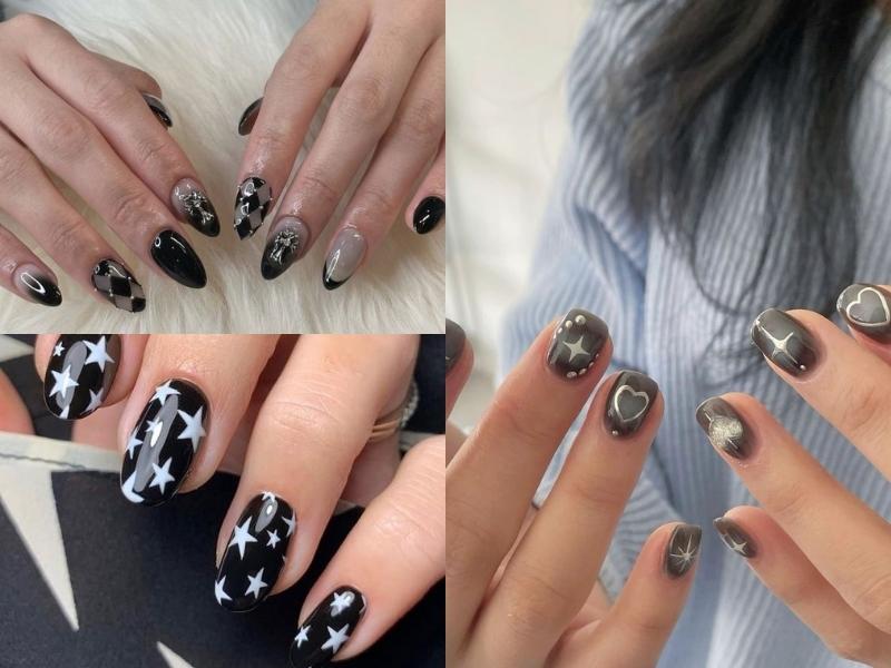 Nail đen vẽ hoạ tiết ngôi sao, trái tim