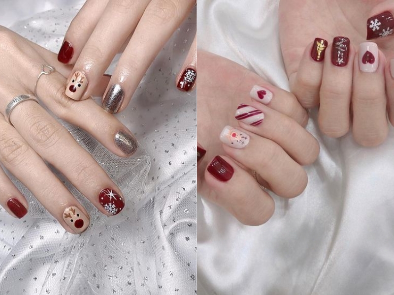 nail đỏ rượu vẽ tuần lộc