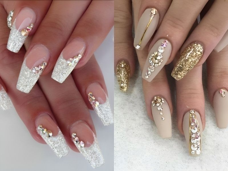 Những mẫu nail kim tuyến kết hợp đính đá 