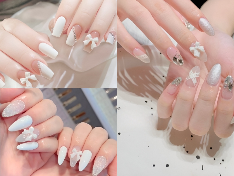 Nail đính nơ trắng cực kỳ sang trọng. (Nguồn: enuw - Pinterest)