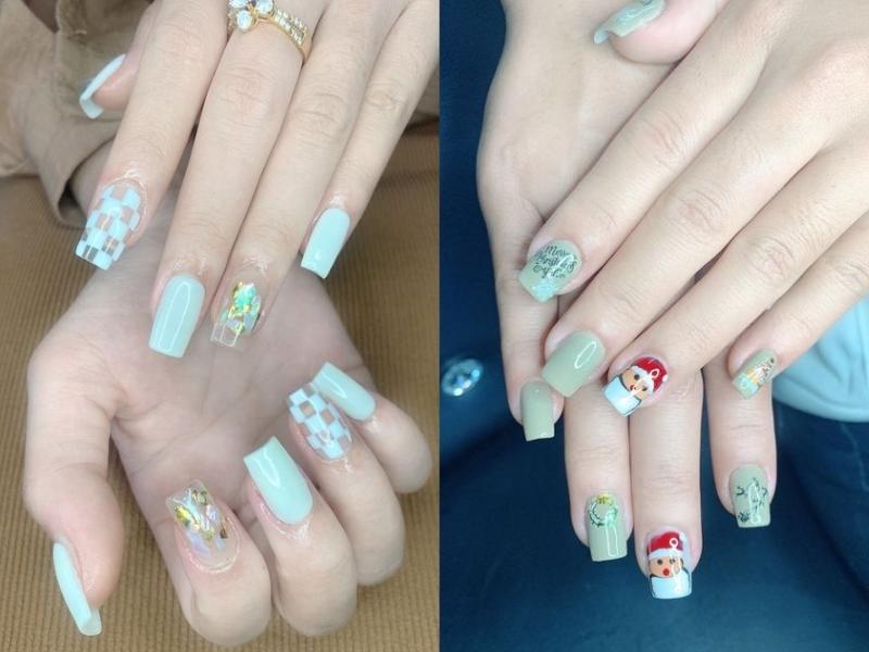 Mẫu nail màu xanh pastel hoa tiết xen kẽ