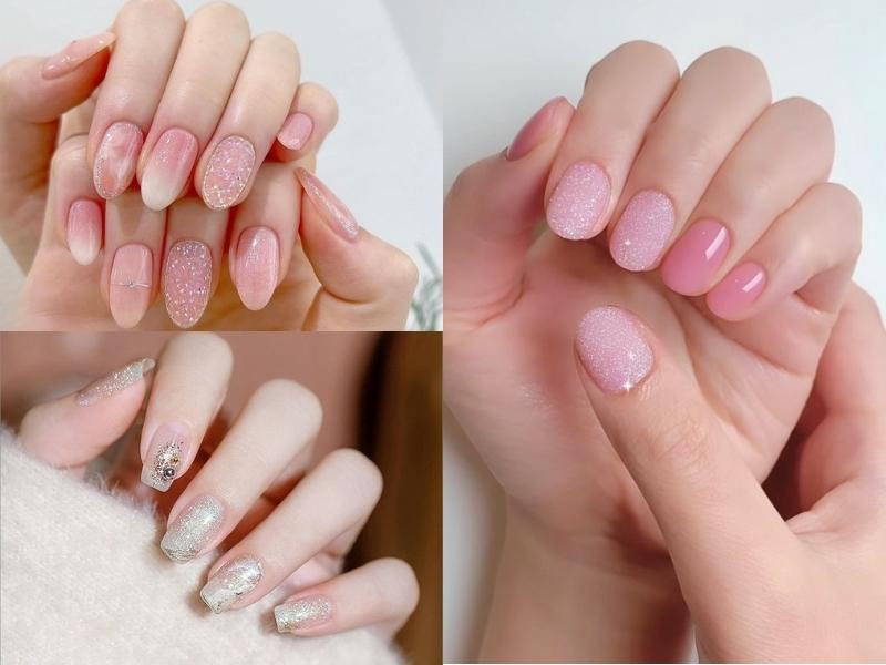 mẫu nail đính kim tuyến màu hồng, trắng