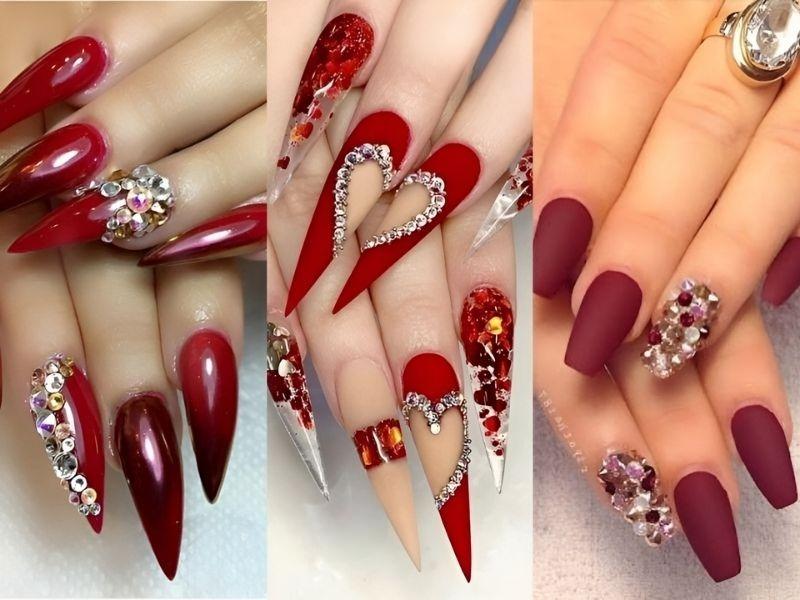 Những mẫu nail màu đỏ đính đá nổi bật