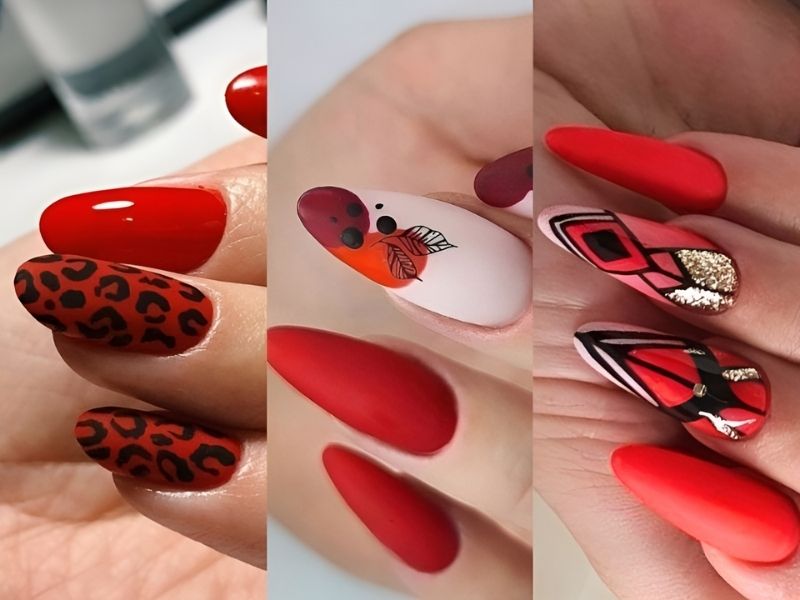 Những Mẫu nail màu đỏ vẽ họa tiết cá tính