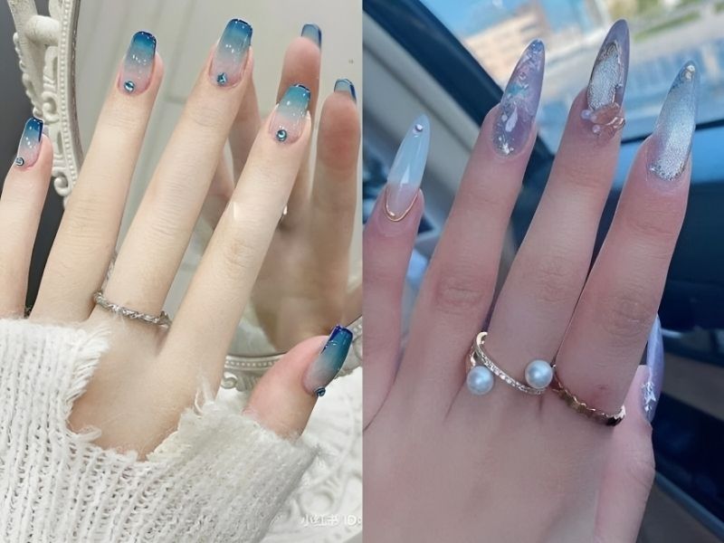 Mẫu nail xanh dương nhạt dạng thạch đính đá