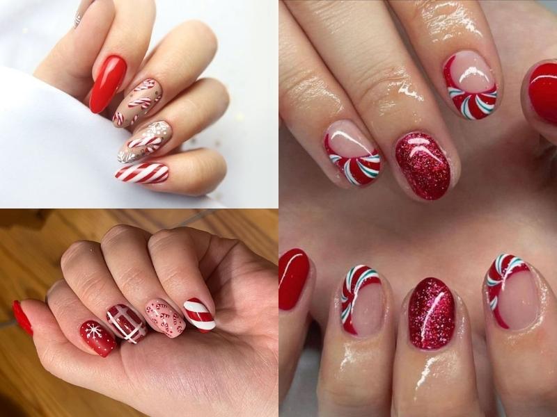 nail màu đỏ vẽ hoạ tiết sọc và đính kim tuyến