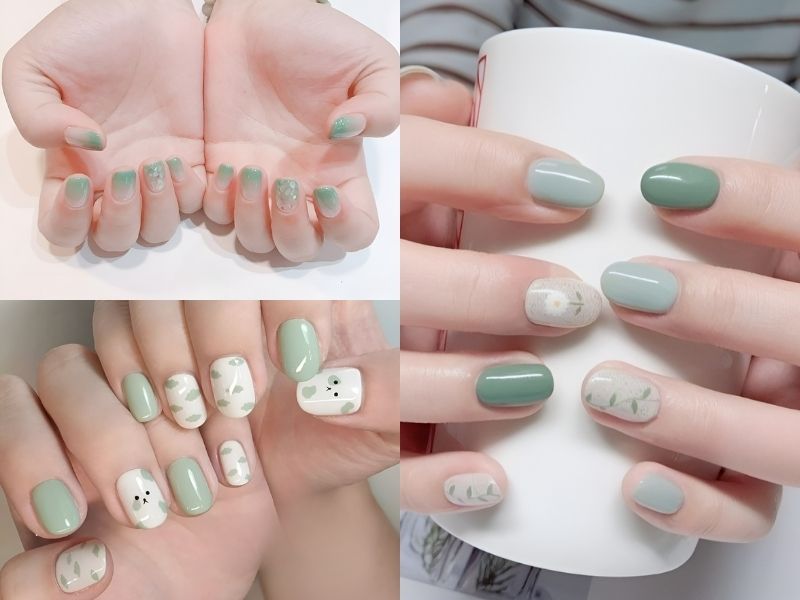 nail xanh bạc hà vẽ hoạ tiết mini