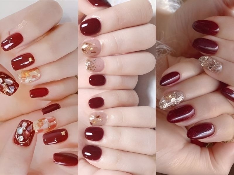 Những mẫu nail màu đỏ kết hợp khảm xà cừ