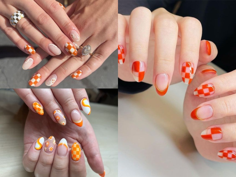 Mẫu nail caro cam form móng nhọn