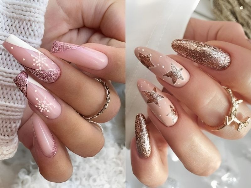 Mẫu nail kim tuyến vẽ họa tiết tone hồng nude