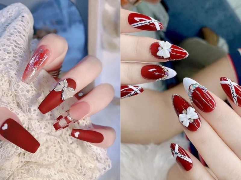 nail màu đỏ rượu đính charm nơ