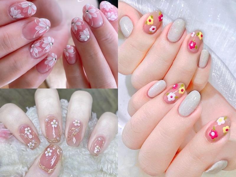 nail vẽ hoa hồng nude