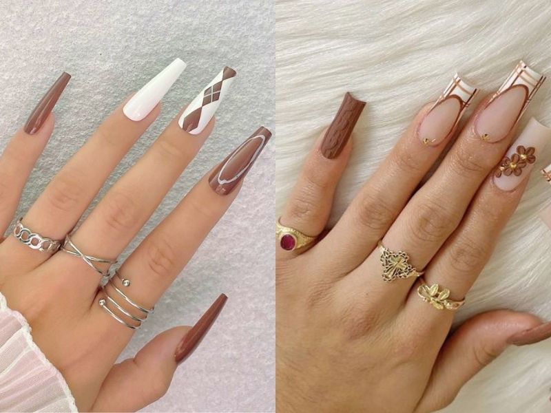 mẫu nail nâu tây và trắng hoạ tiết