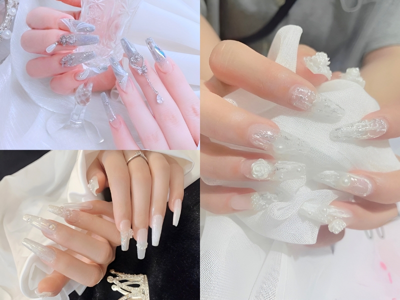 Nail cô dâu mix kim tuyến sang trọng. (Nguồn: Anya - Pinterest)