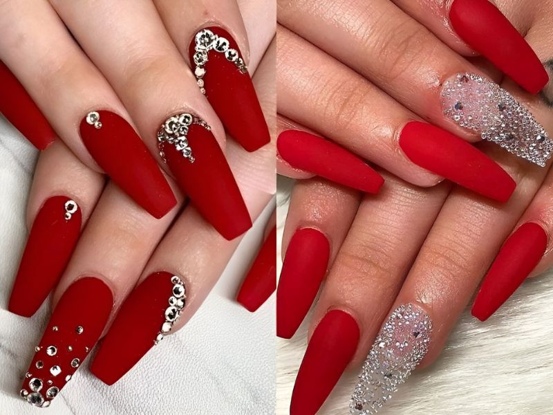 Mẫu nail đính đá trên nền màu đỏ 