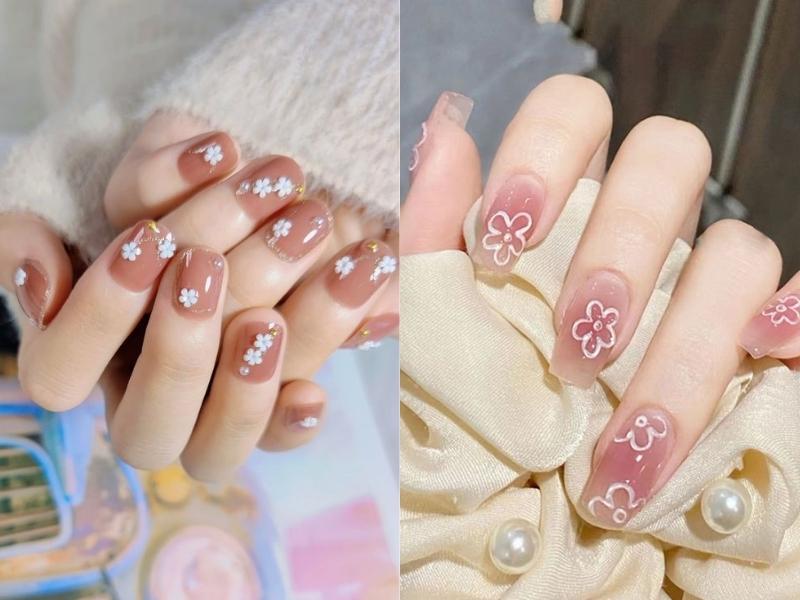 Nail hồng họa tiết hoa