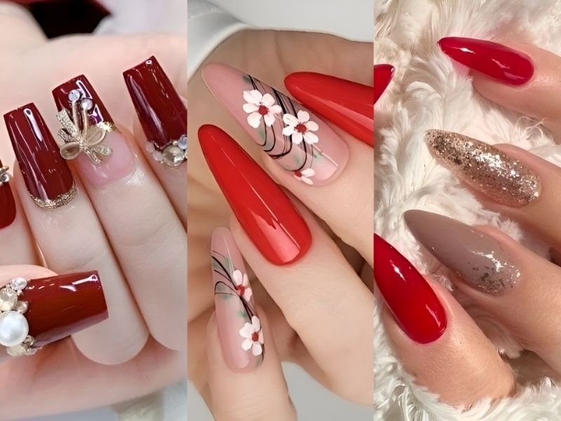 mẫu nail Tết màu đỏ đính đá, mẫu nail Tết màu đỏ vẽ hoa, mẫu nail Tết màu đỏ kim tuyến