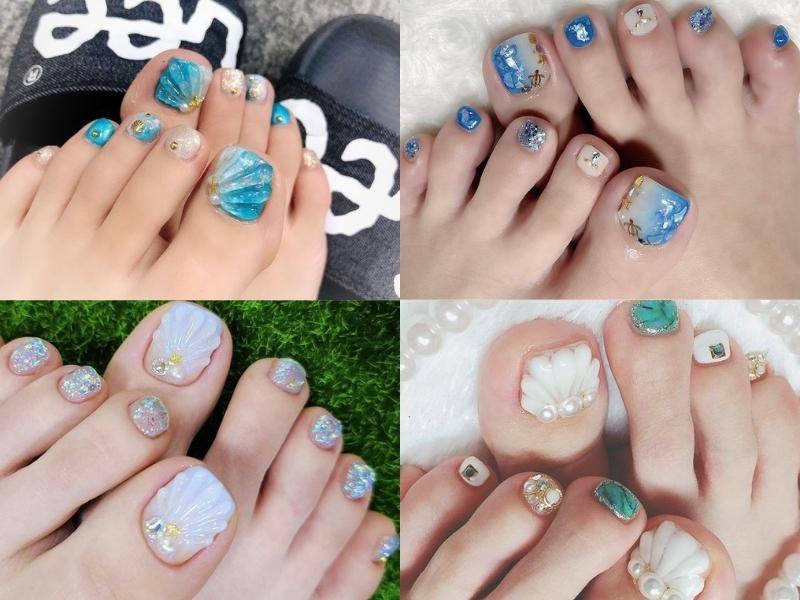 Nail chân màu xanh sáng đính charm vỏ sò