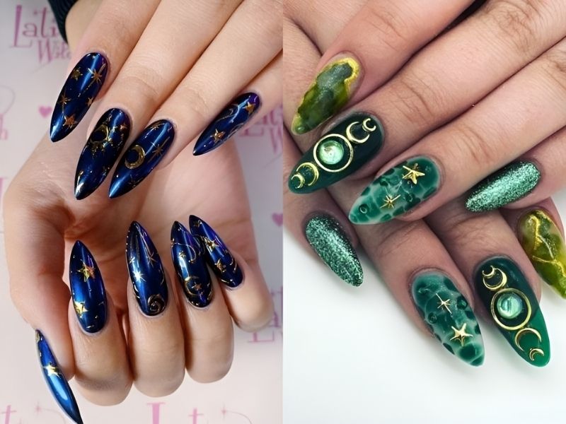 nail xanh dương và xanh lá vẽ hoạ tiết cung hoàng đạo