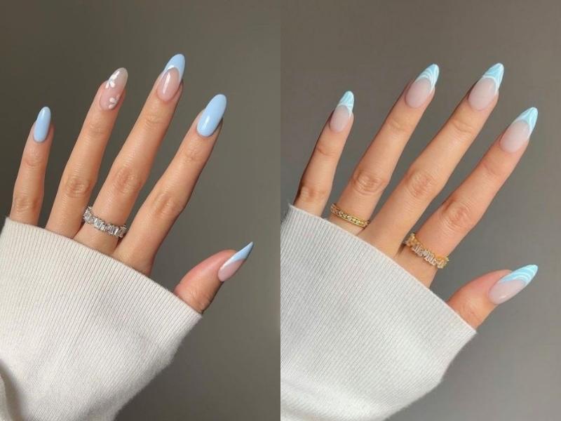 Mẫu nail móng nhọn màu xanh lam vừa mát mẻ vừa cuốn hút (Nguồn: Frida, Xmara)