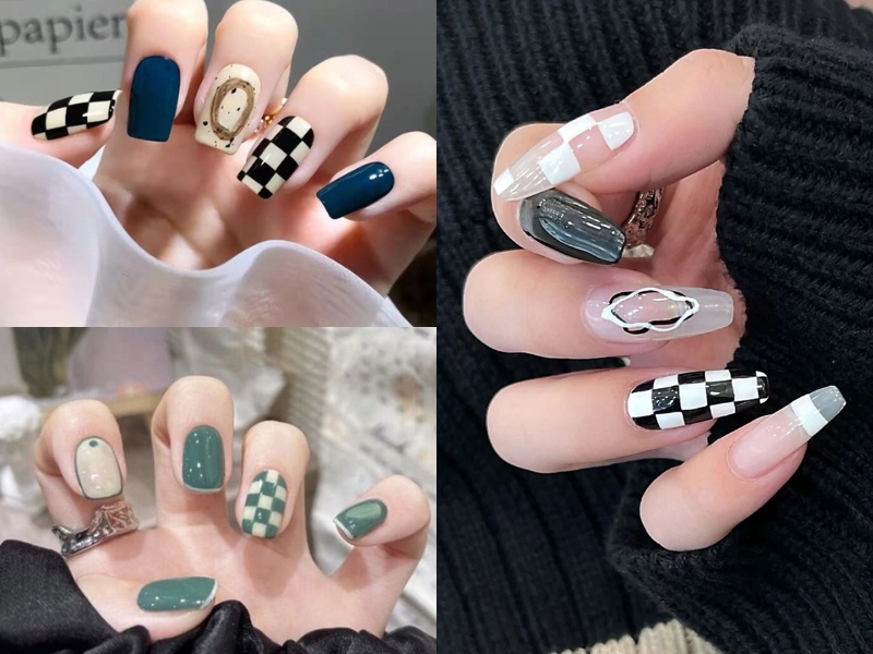 Mẫu nail caro bàn cờ nhiều màu sắc