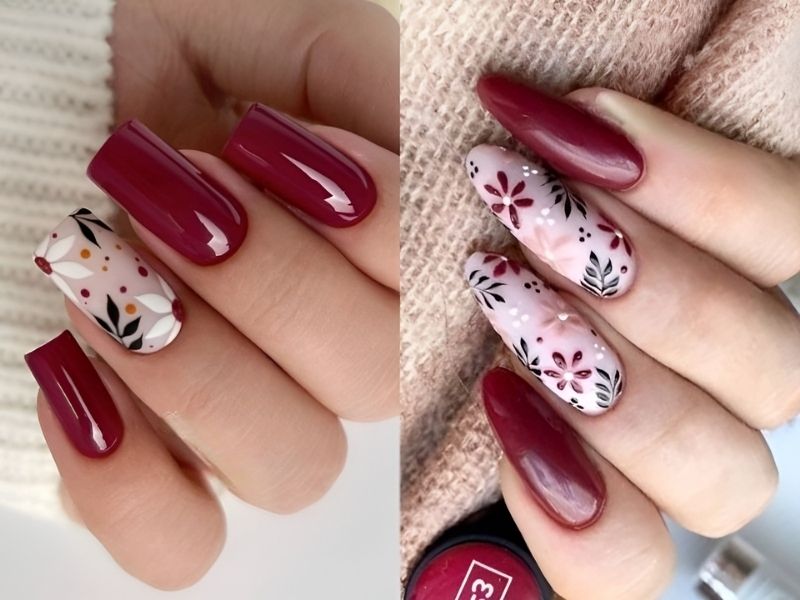 Những mẫu nail màu đỏ cherry kết hợp vẽ họa tiết 